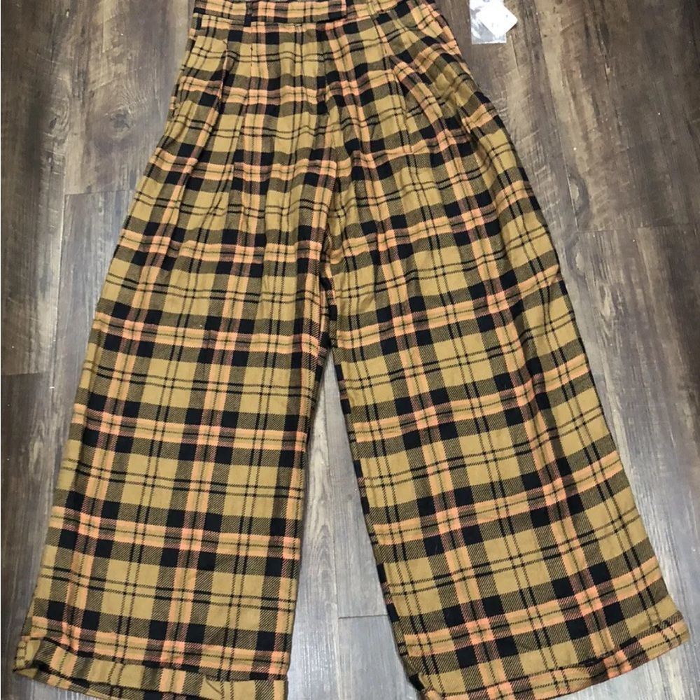 Free People Lyla Menswear Plaid Trouser Slouchy Wide Leg Olive Black Rose - Picture 5 of 5